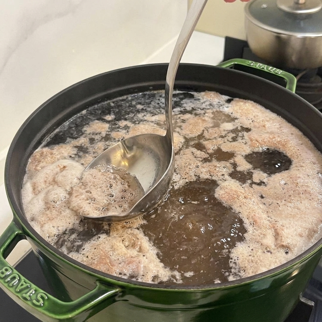 Eine Metallkelle schöpft weißen Schaum von der Oberfläche der kochenden Rinderbrühe in einem großen grünen Topf ab.