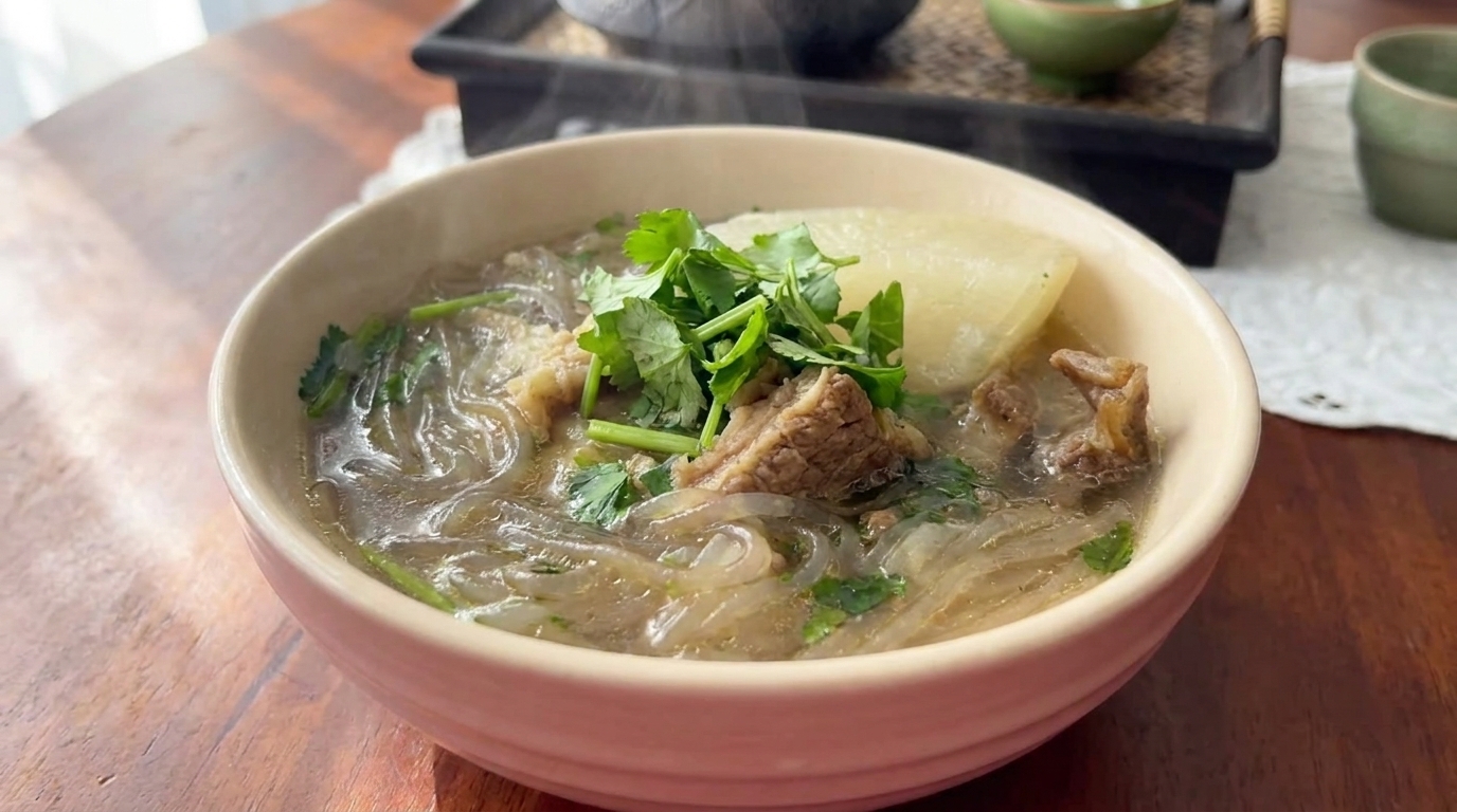 Traditionelle koreanische Rinderrippensuppe (Galbitang)