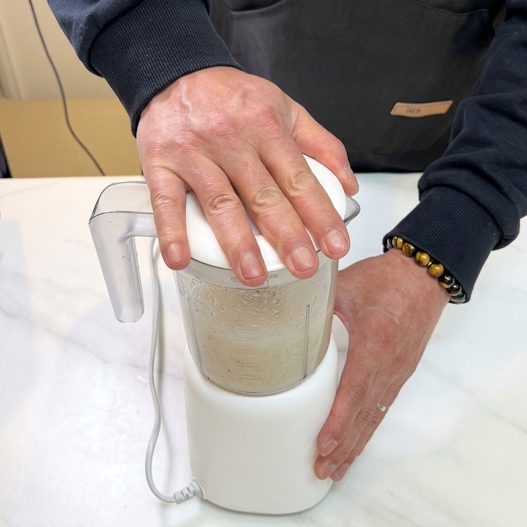Ein elektrischer Mixer verarbeitet gehackte Birne und Wasser zu Saft.