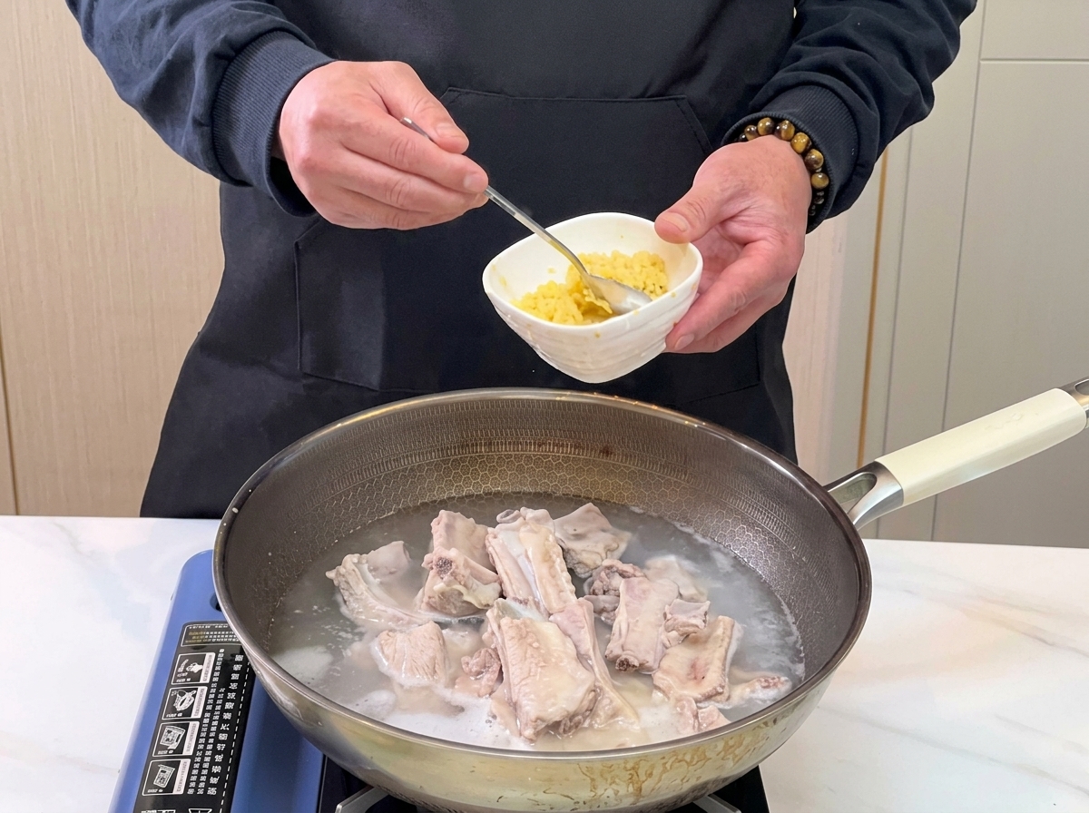 Ein Löffel fügt gehackten Knoblauch aus einer kleinen Schüssel in einen Topf mit Wasser und Schweinerippchen.