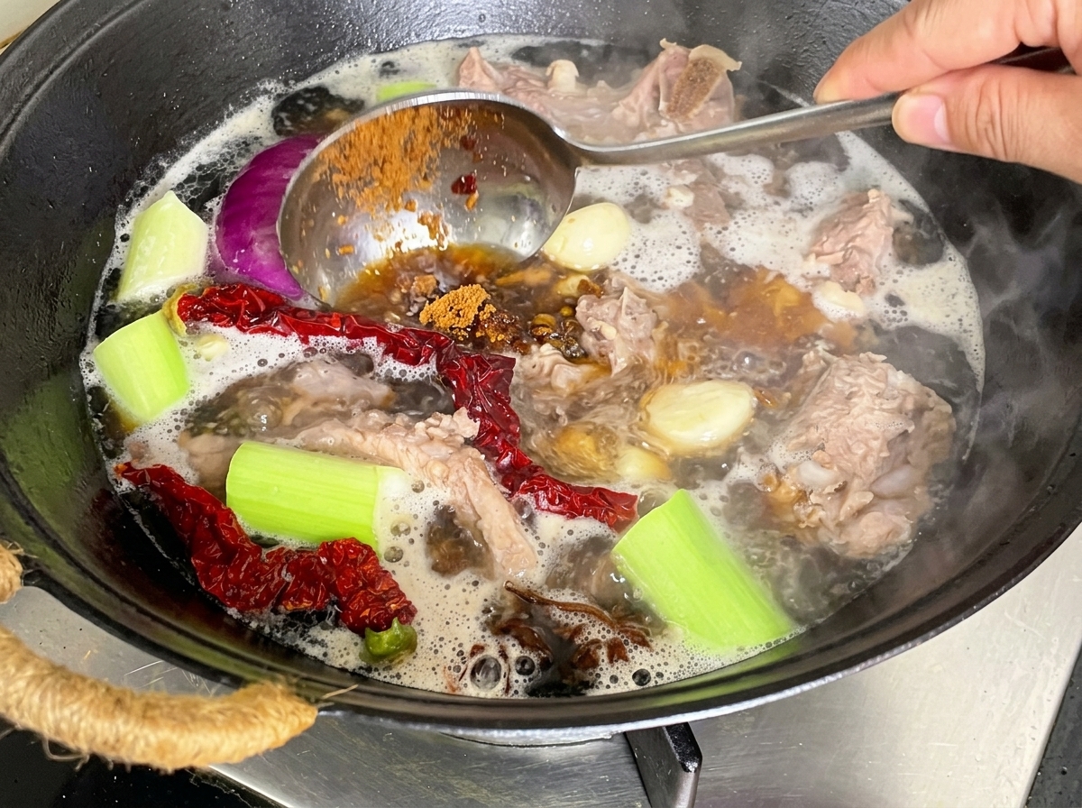 Fermentierte Sojabohnenpaste wird in den köchelnden Fleischtopf gegeben.