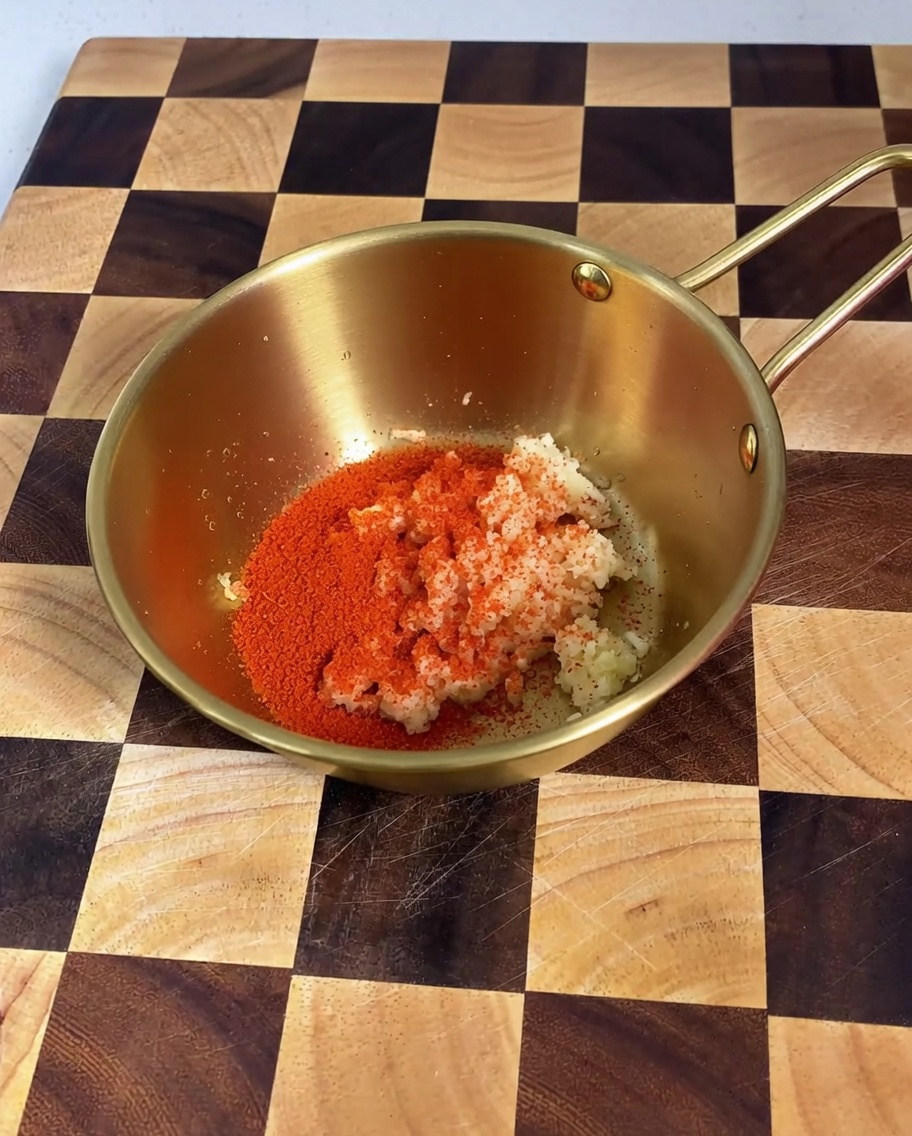 Nahaufnahme von gehacktem Knoblauch und Chilipulver, die mit anderen Saucenzutaten in einer goldenen Schüssel vermischt werden.