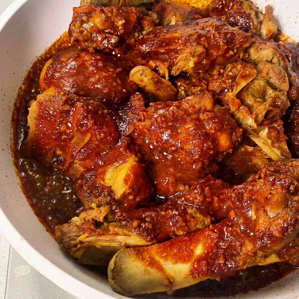 Dickflüssige rote Chilisauce wird mit einem Löffel über die angerichteten Stücke in einer weißen Schüssel gegeben.