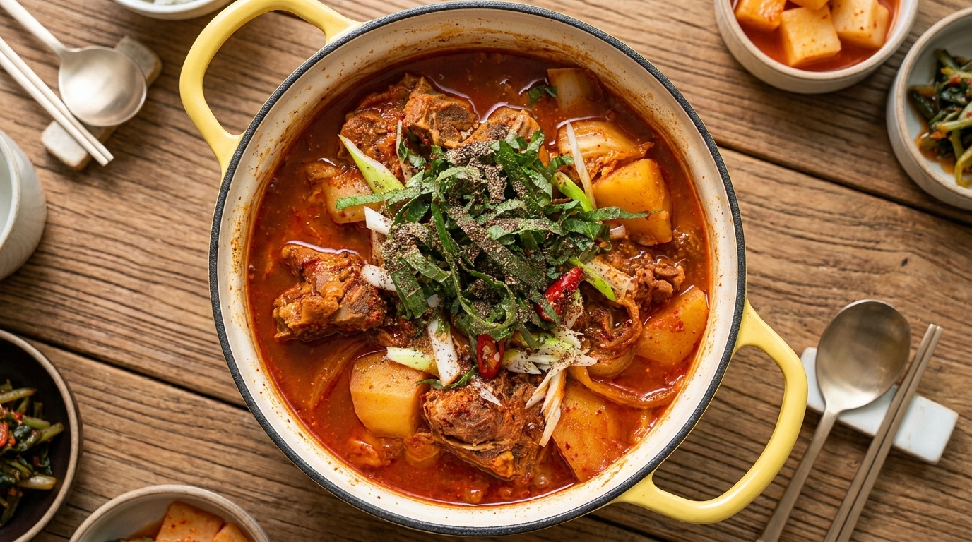 Würzige koreanische Schweinerippchen-Suppe (Gamjatang)