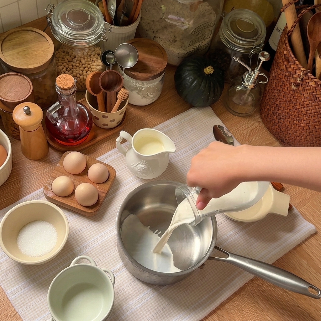 Milch und Sahne werden aus einem Messbecher in einen Edelstahltopf gegossen.