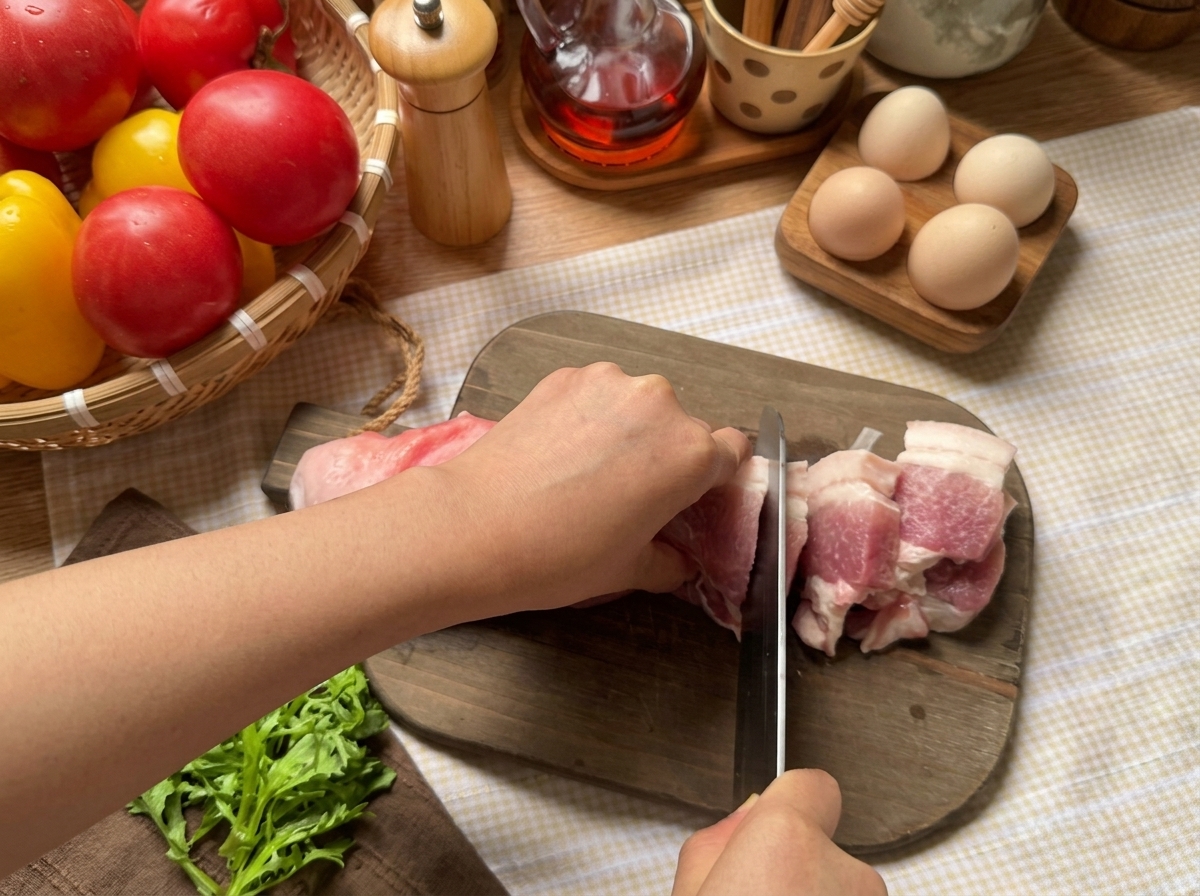 Roher Schweinebauch wird mit einem Messer auf einem Holzbrett geschnitten.
