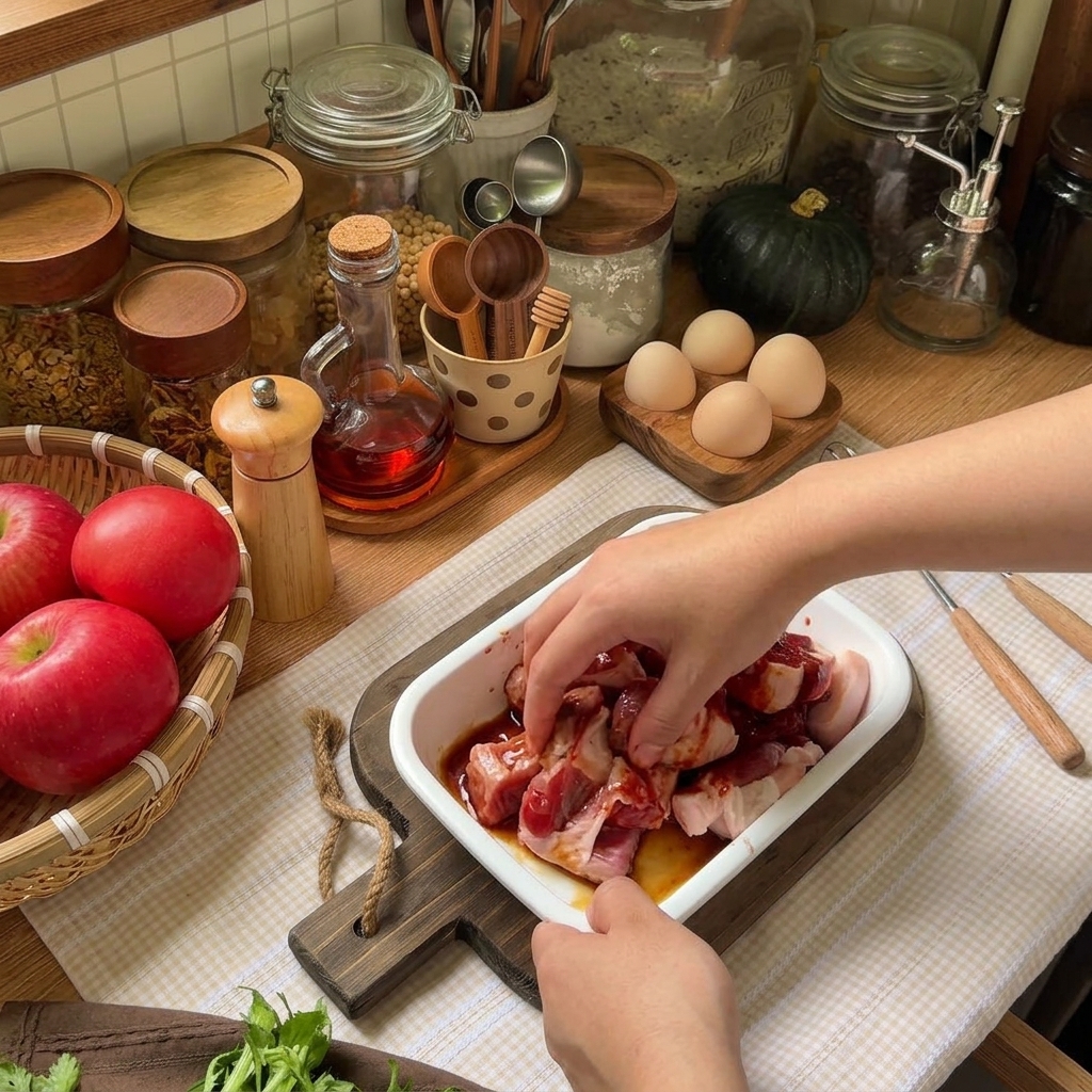 Schweinebauchscheiben werden in einer roten Marinade in einer rechteckigen Form vermengt.