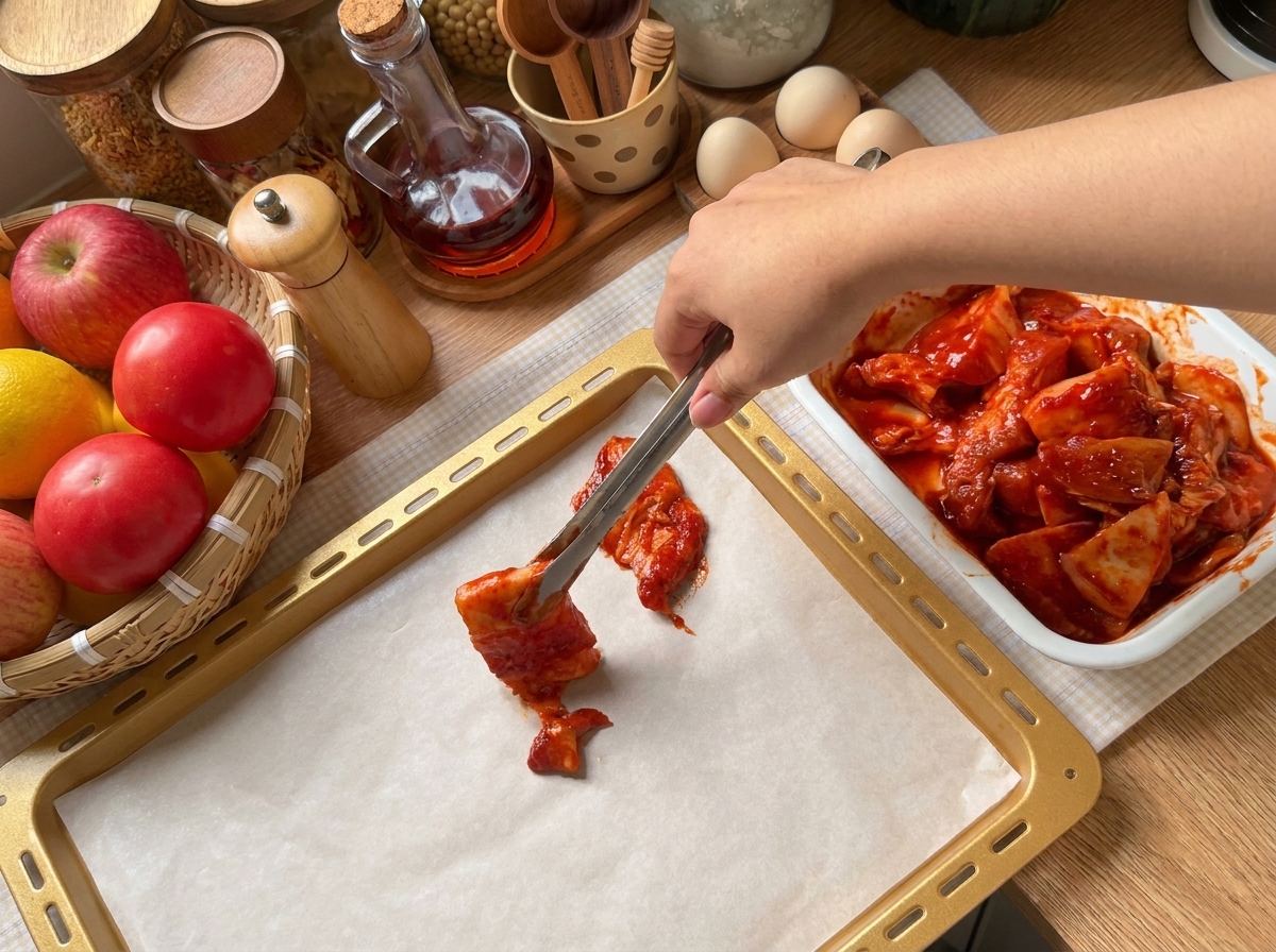 Eine Zange platziert gewürzte Schweinebauchstreifen auf einem mit Backpapier ausgelegten Blech.