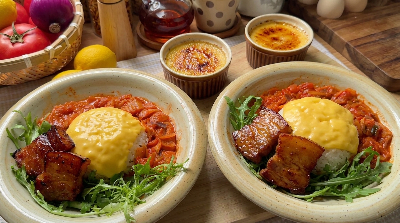 Im Ofen glasierter Schweinebauch auf Reis mit geschmolzenem Käse, serviert neben einer goldbraunen Crème Brûlée.