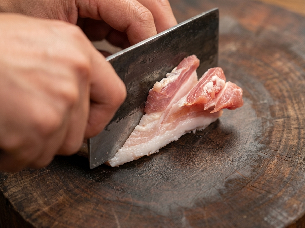 Schweinebauch wird sorgfältig mit einem chinesischen Hackmesser auf einem Holzbrett eingeritzt.