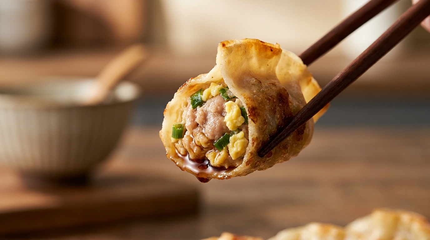Herzhafte gegrillte Schweinebauch-Wachtelei-Teigtaschen