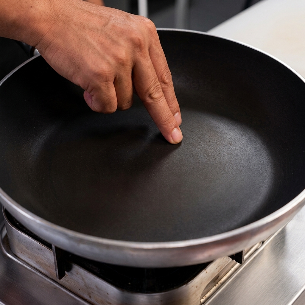 Eine Hand zeigt auf eine leere, trockene Bratpfanne auf einem Gasherd, bevor das Fleisch hinzugefügt wird.