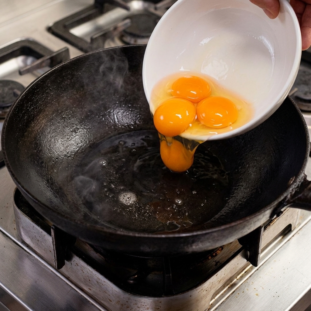 Rohe Eigelbe werden aus einer weißen Schüssel in einen heißen Wok mit geschmolzenem Schmalz gegossen.