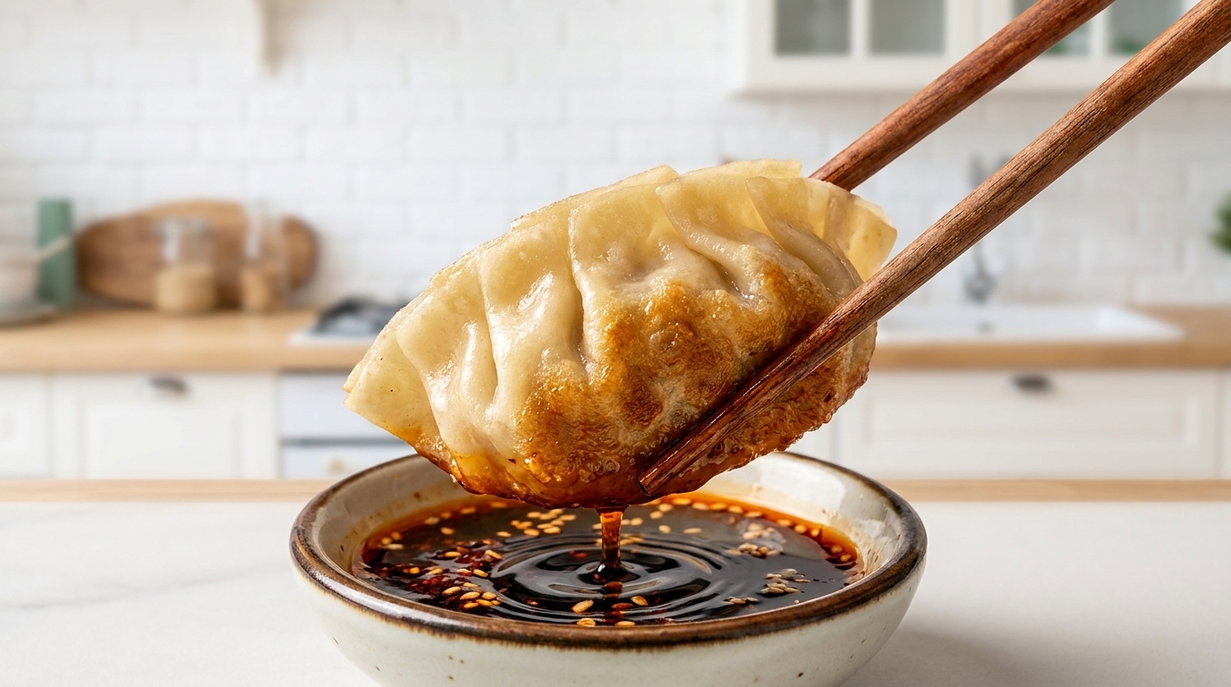 Ein perfekt gekochtes Dumpling wird mit Stäbchen gehalten, bereit zum Eintauchen in eine herzhafte Sojasauce.