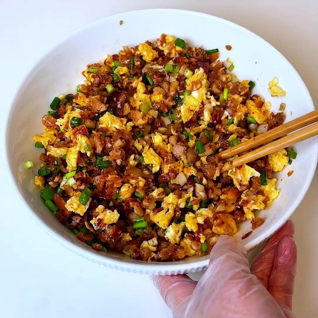 Eine Person mischt die Zutaten der Dumpling-Füllung mit Essstäbchen in einer weißen Schüssel.