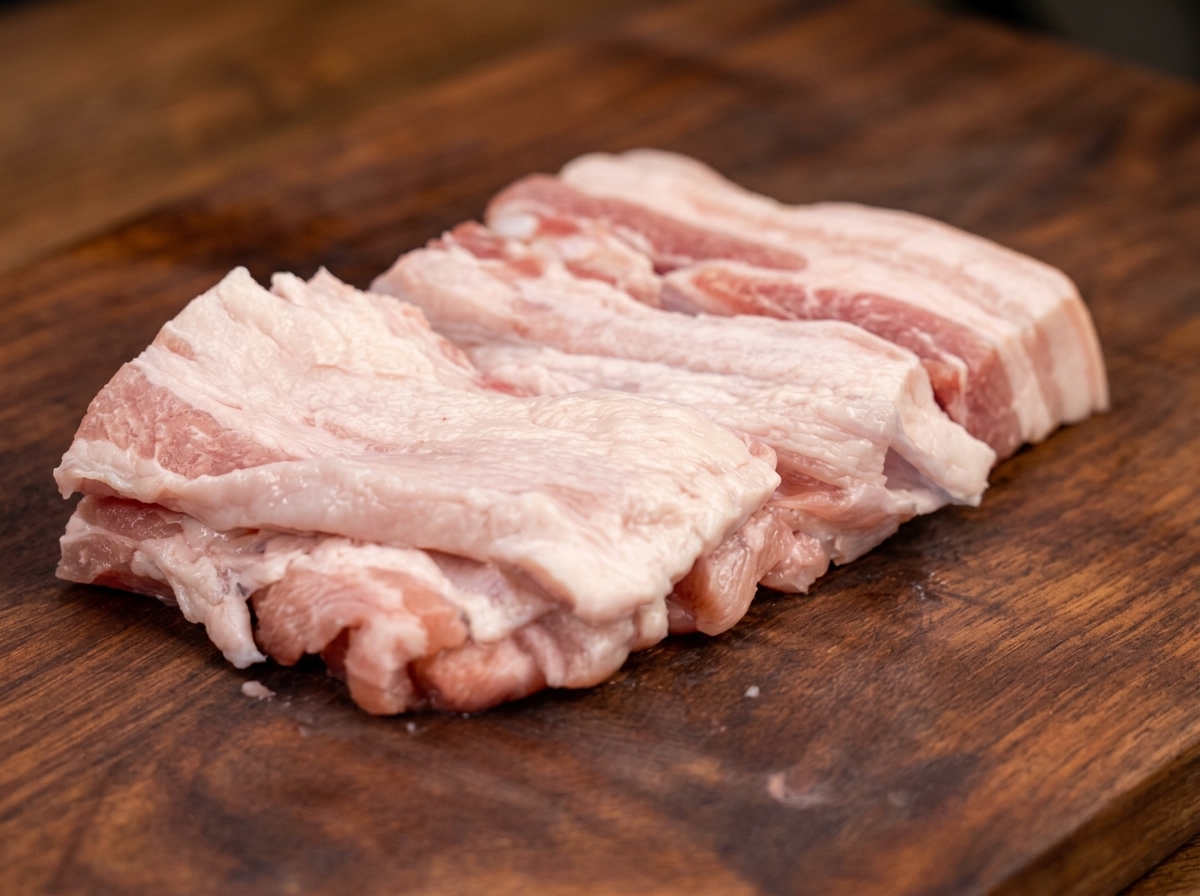 Schweinebauchscheiben in einer Pfanne, gewürzt mit BBQ-Pulver und vermischt mit Gemüse.