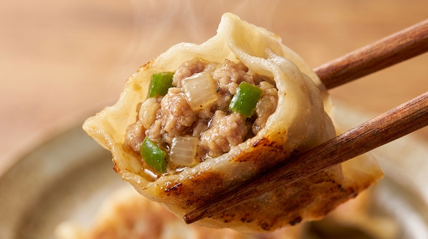 Ein perfekt zubereiteter BBQ-Schweinebauch-Dumpling mit einer saftigen, herzhaften Füllung aus gewürztem Fleisch, Zwiebeln und Paprika.