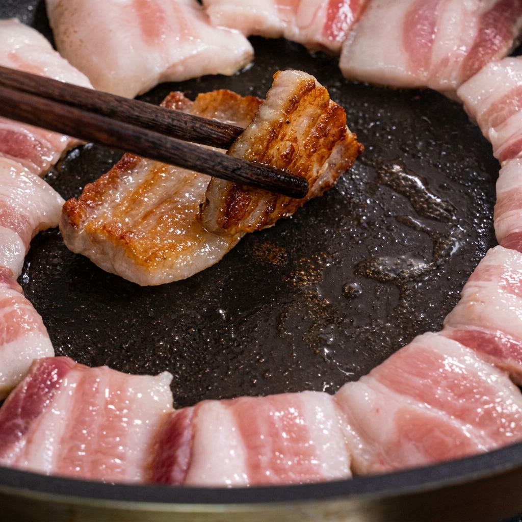 Schweinebauchscheiben bräunen in der Pfanne und werden mit Stäbchen gewendet.