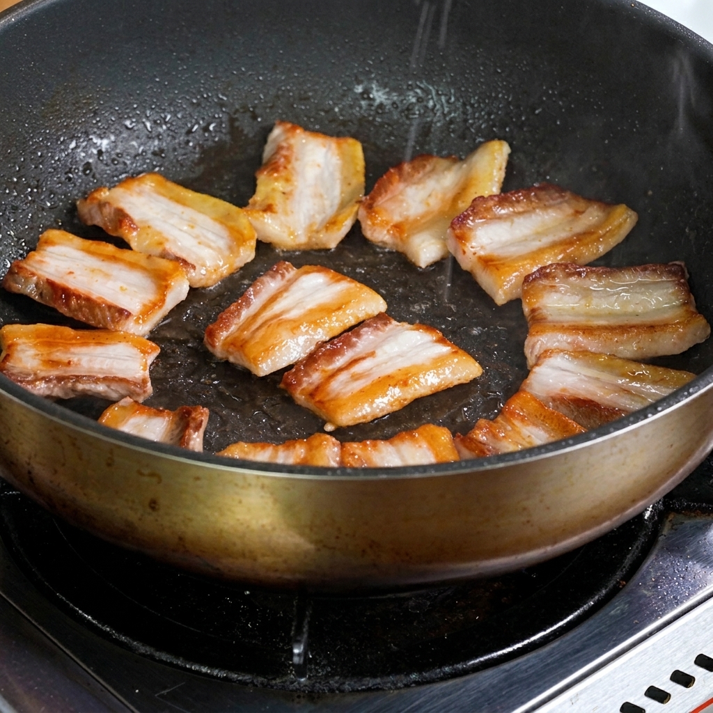 Gewürfelte Zwiebeln und gehackter Knoblauch brutzeln neben dem gebräunten Schweinebauch in der Pfanne.