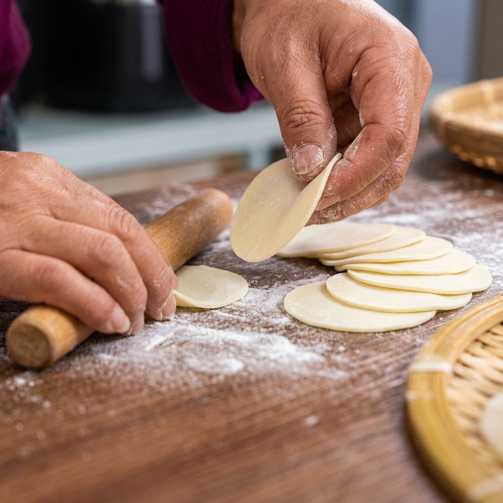Hände falten und verschließen Dumpling-Teigblätter, die mit der Fleisch-Eier-Mischung gefüllt sind.