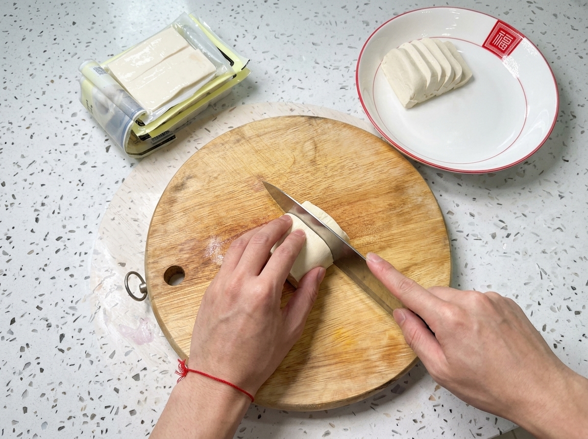 Scheiben aus weissem Tofu, die ordentlich auf einem weiss-rot gerandeten Teller neben dem Schneidebrett angeordnet sind.
