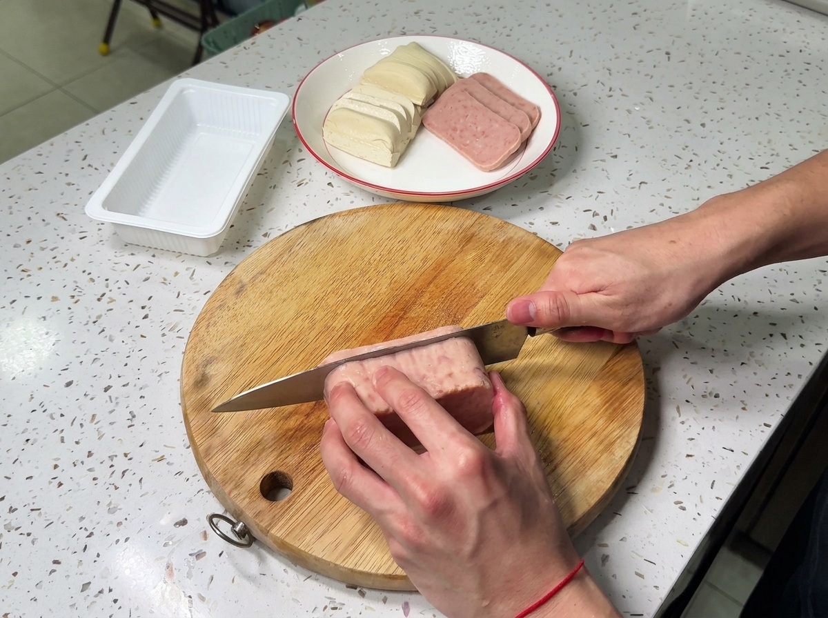 Gleichmaessige Scheiben von Fleischangebot werden mit einem Kochmesser auf einem Holzschneidebrett geschnitten.