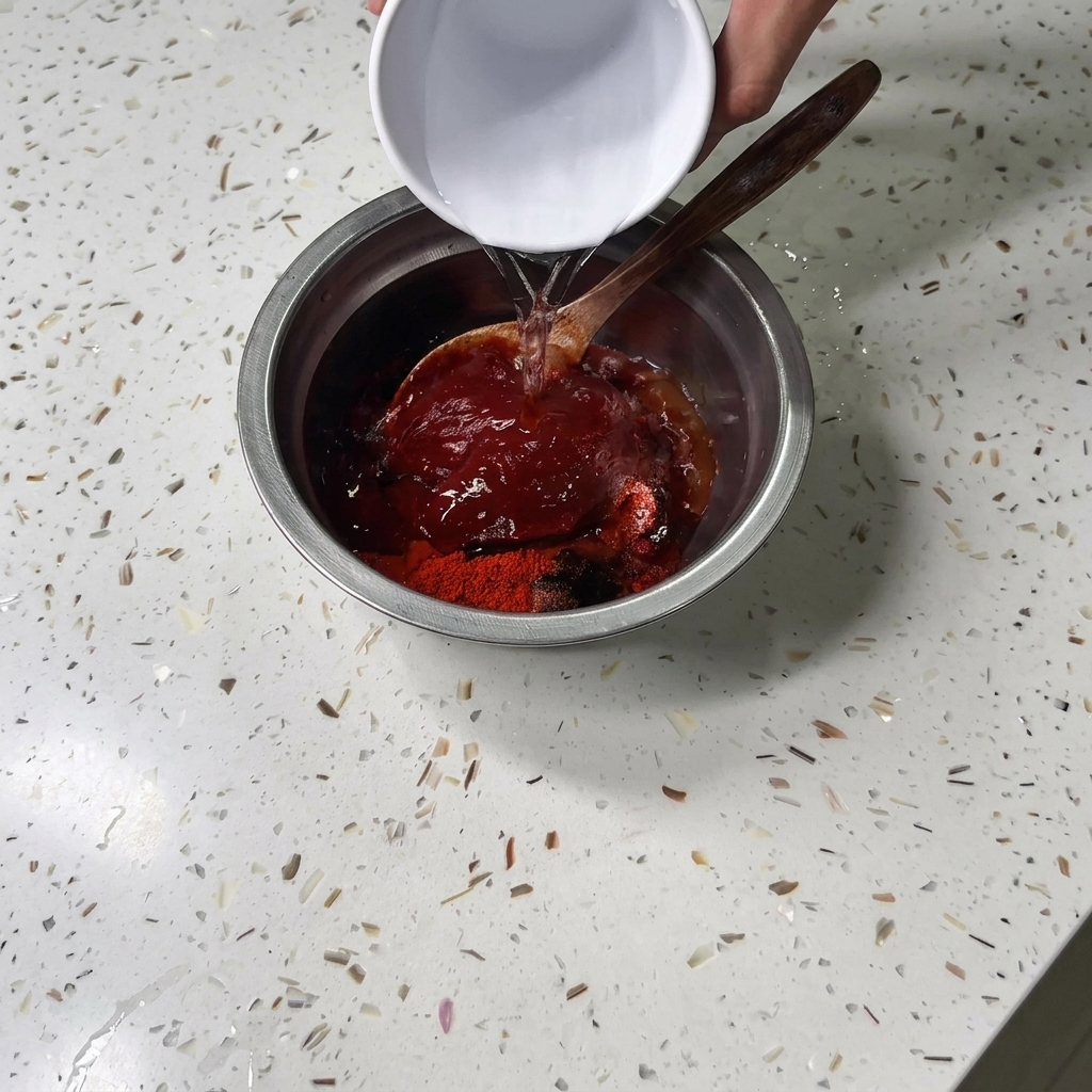 Wasser wird aus einer kleinen weissen Schuessel in eine mit Gewuerzen und Wuerzpaste gefuellte Metalschuessel gegossen.