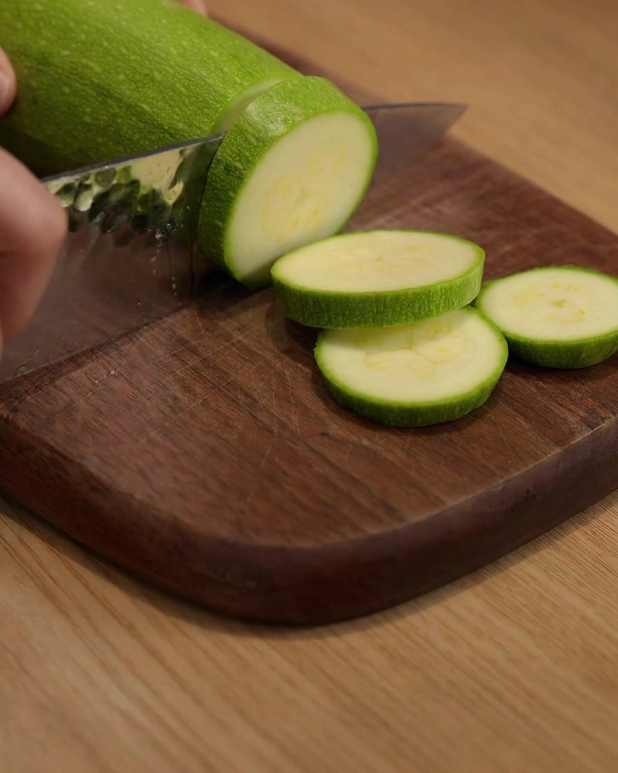 Zucchini wird auf einem Holzschneidebrett in runden Scheiben geschnitten.