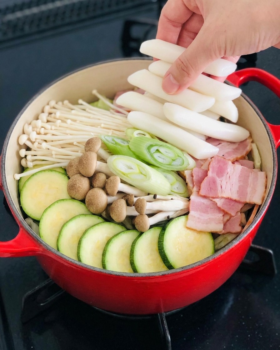 Eine Hand legt weiße zylindrische Reiskuchen in die Zutatenanordnung im roten Hot Pot.