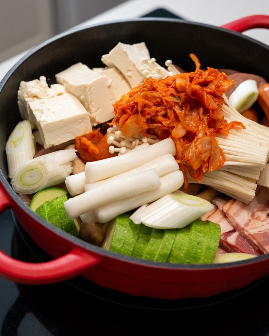 Leuchtend rotes Kimchi wird auf den Enoki-Pilzen und anderen Zutaten im Topf geschichtet.
