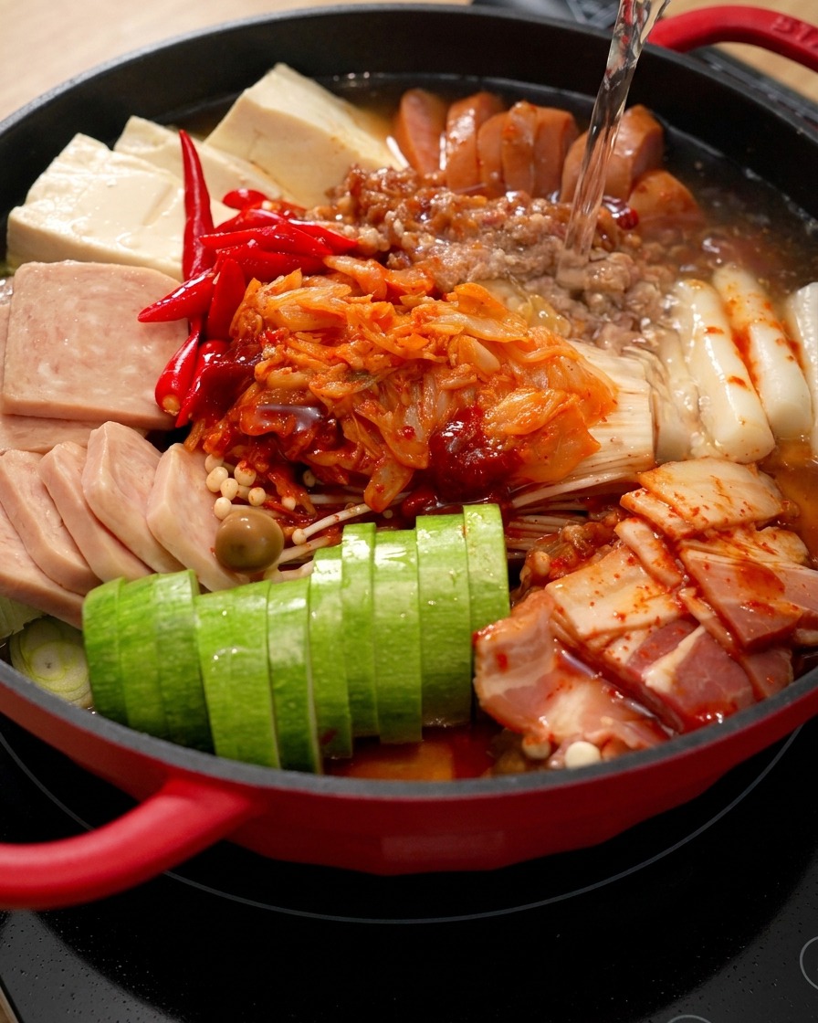 Wasser läuft in den roten Hot Pot, der mit säuberlich angeordneten Zutaten wie Kimchi, Lunchmeat und Zucchini gefüllt ist.