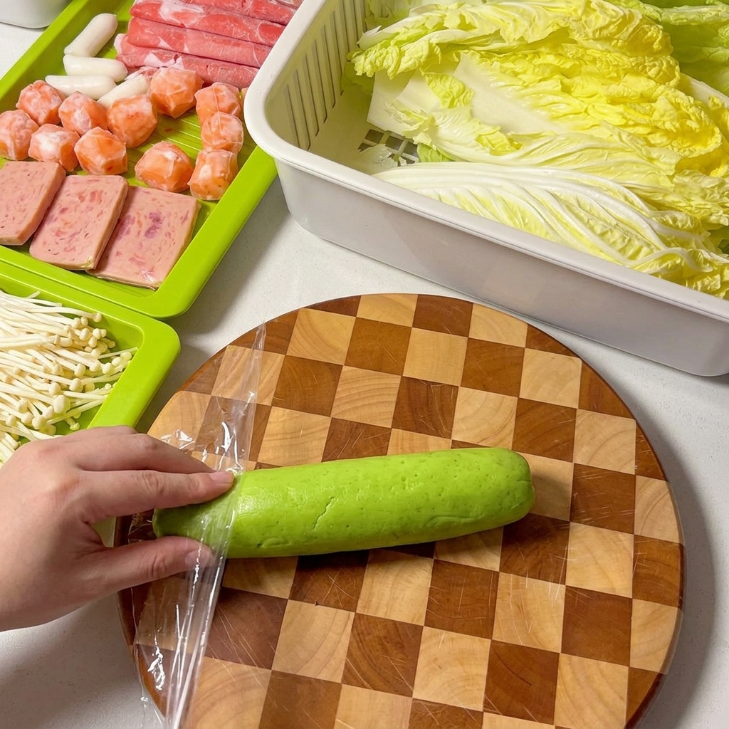 Zucchini wird auf einem Holzschneidebrett in kleine Stücke geschnitten.