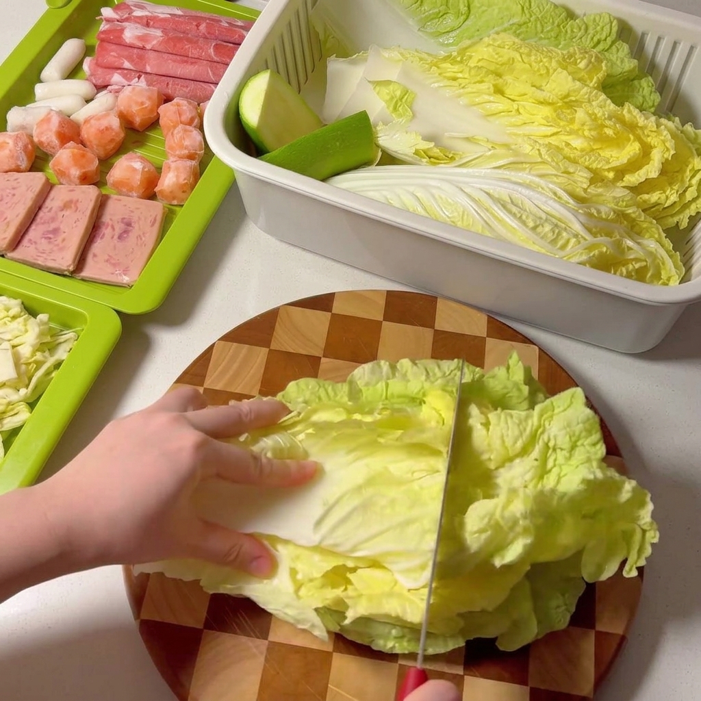 Chinakohlblätter werden auf einem Holzschneidebrett in Portionen geschnitten.