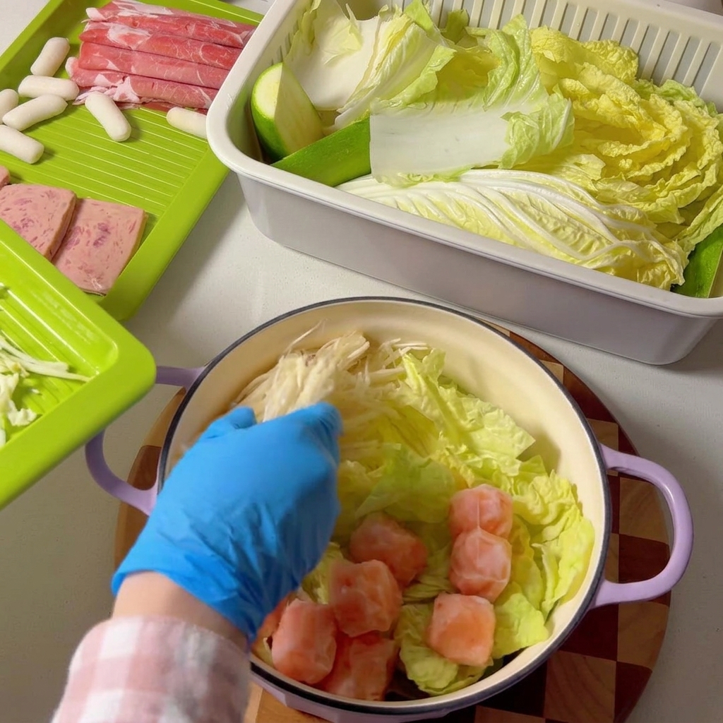 Enoki-Pilze und Zucchinistücke werden in den Kochtopf gegeben.