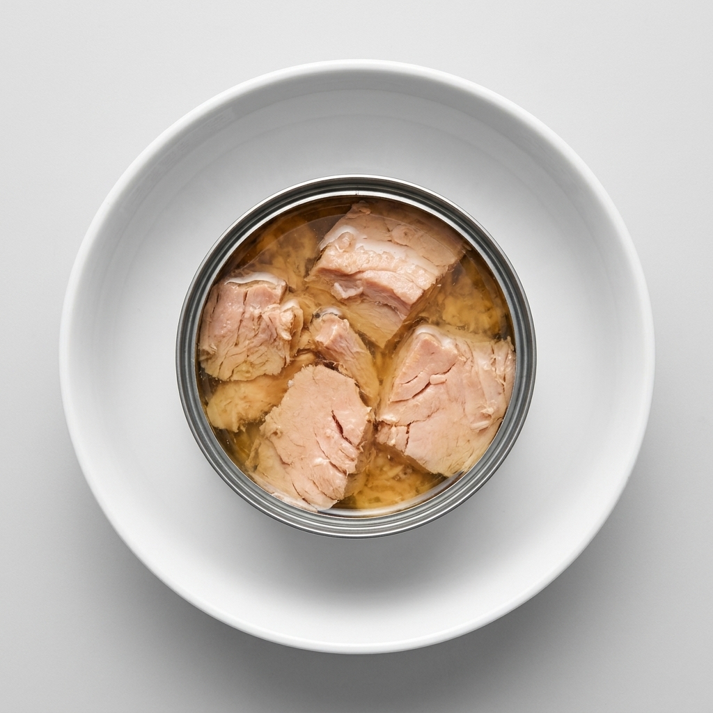 Eine geöffnete Dose in Öl eingelegter Thunfisch steht in einer sauberen weißen Schüssel.