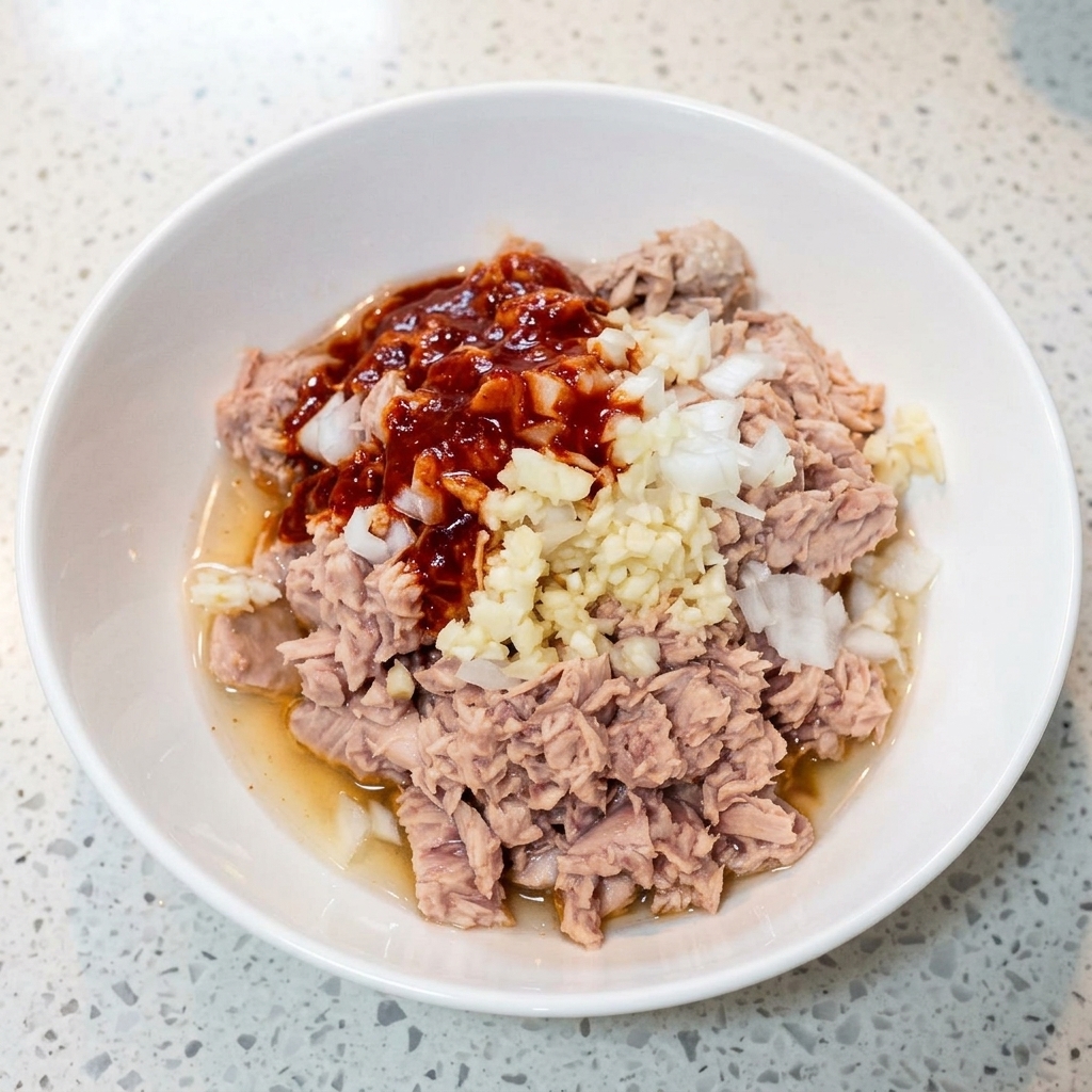 Eine weiße Schüssel mit Thunfischflocken, getoppt mit Zwiebeln, Knoblauch und einem roten Klecks Chilipulver.