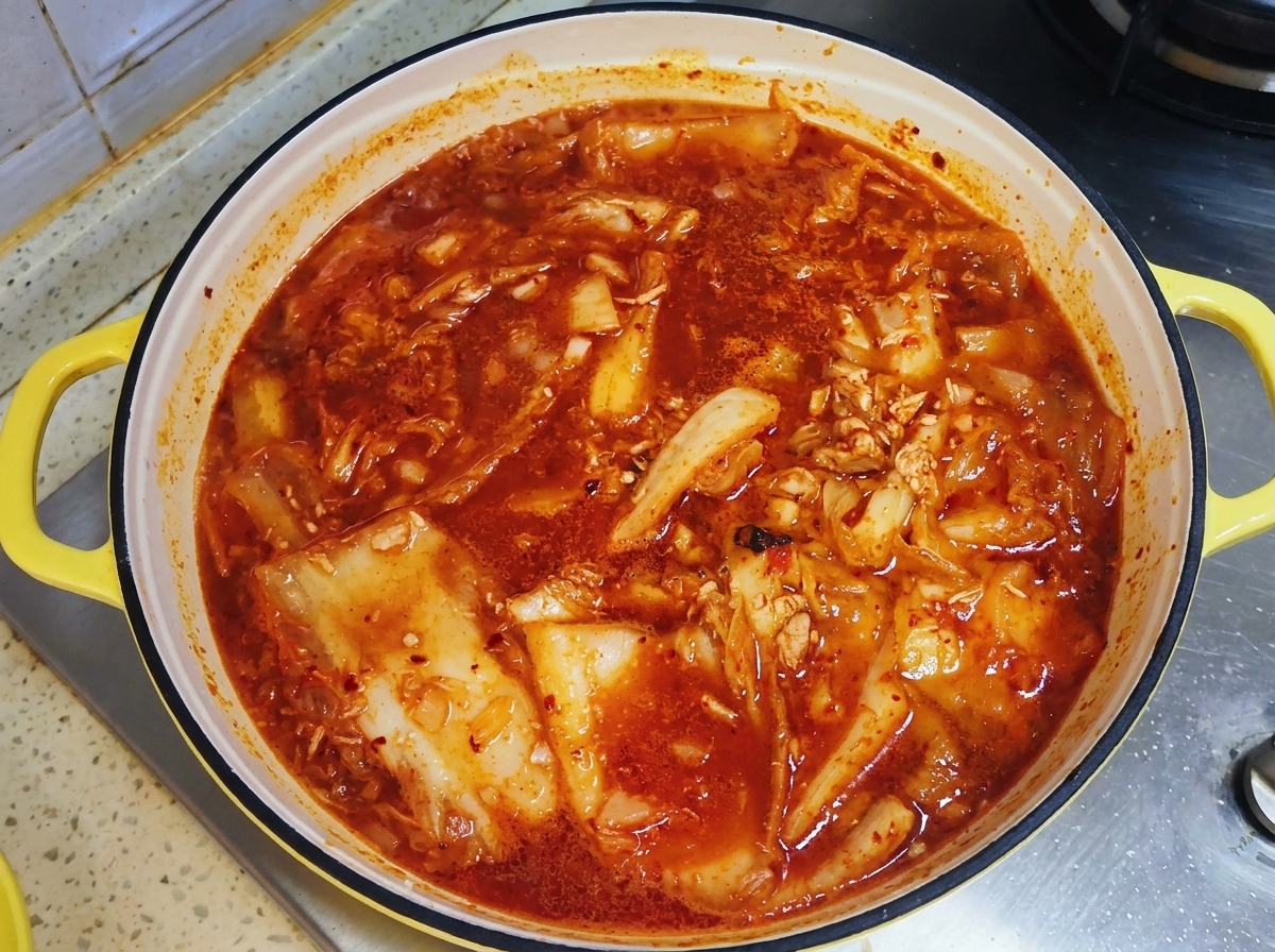 Eine Pfanne mit gelbem Griff voller blubberndem rotem Kimchi-Eintopf, abgedeckt mit einem Deckel zum Köcheln.