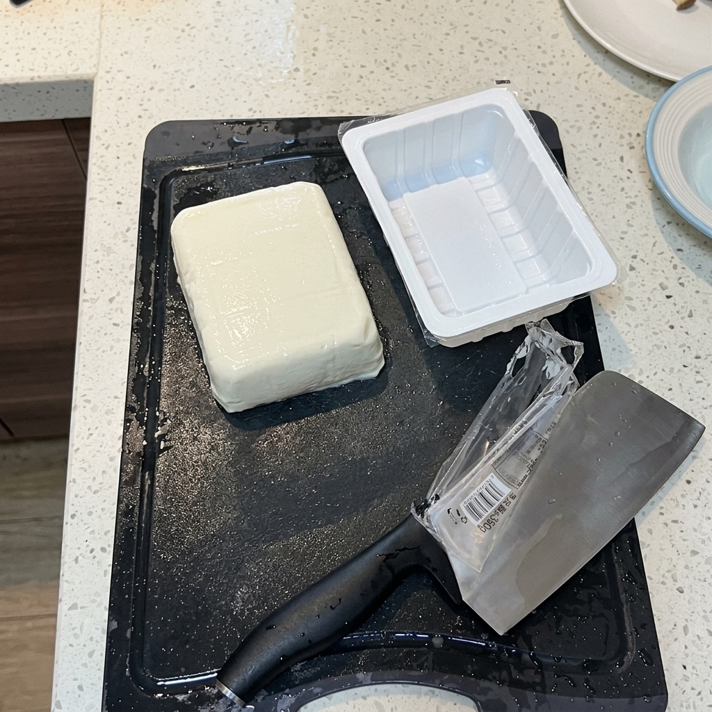 Ein Block Seidentofu wird vorsichtig mit einem Messer auf einem Schneidebrett in Stücke geschnitten.