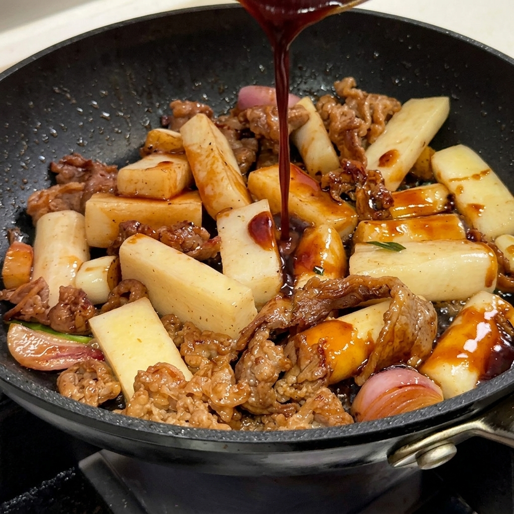 Dunkle Pfeffersauce wird aus einer kleinen Kelle direkt auf die Zutaten in einer Pfanne gegossen.