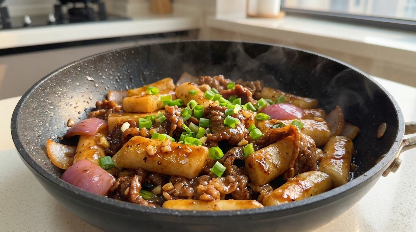 Herzhaftes Pfeffer-Rindfleisch mit Reiskuchen-Pfanne