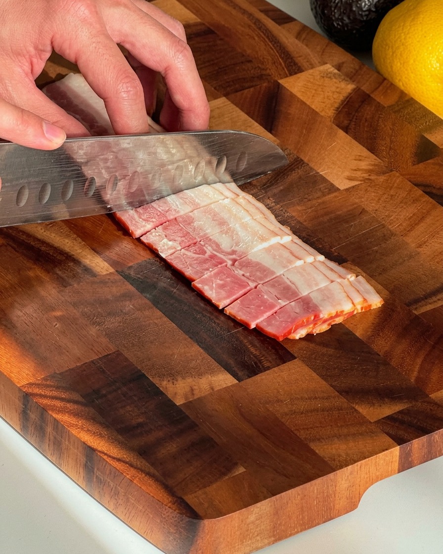 Hände schneiden mit einem Messer Speckstreifen auf einem Holzschneidebrett.