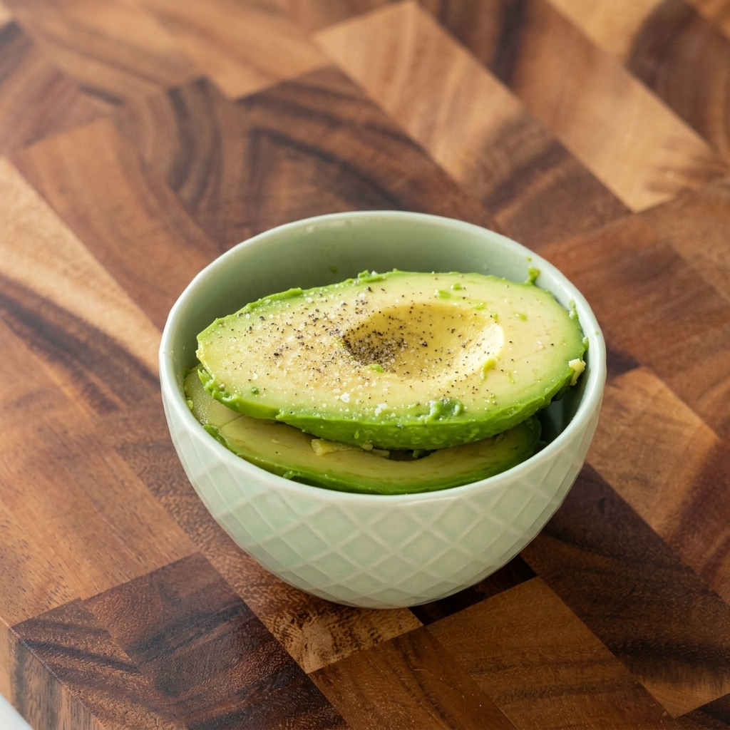 Avocadohälften in einer Schüssel bestreut mit Salz und schwarzem Pfeffer.