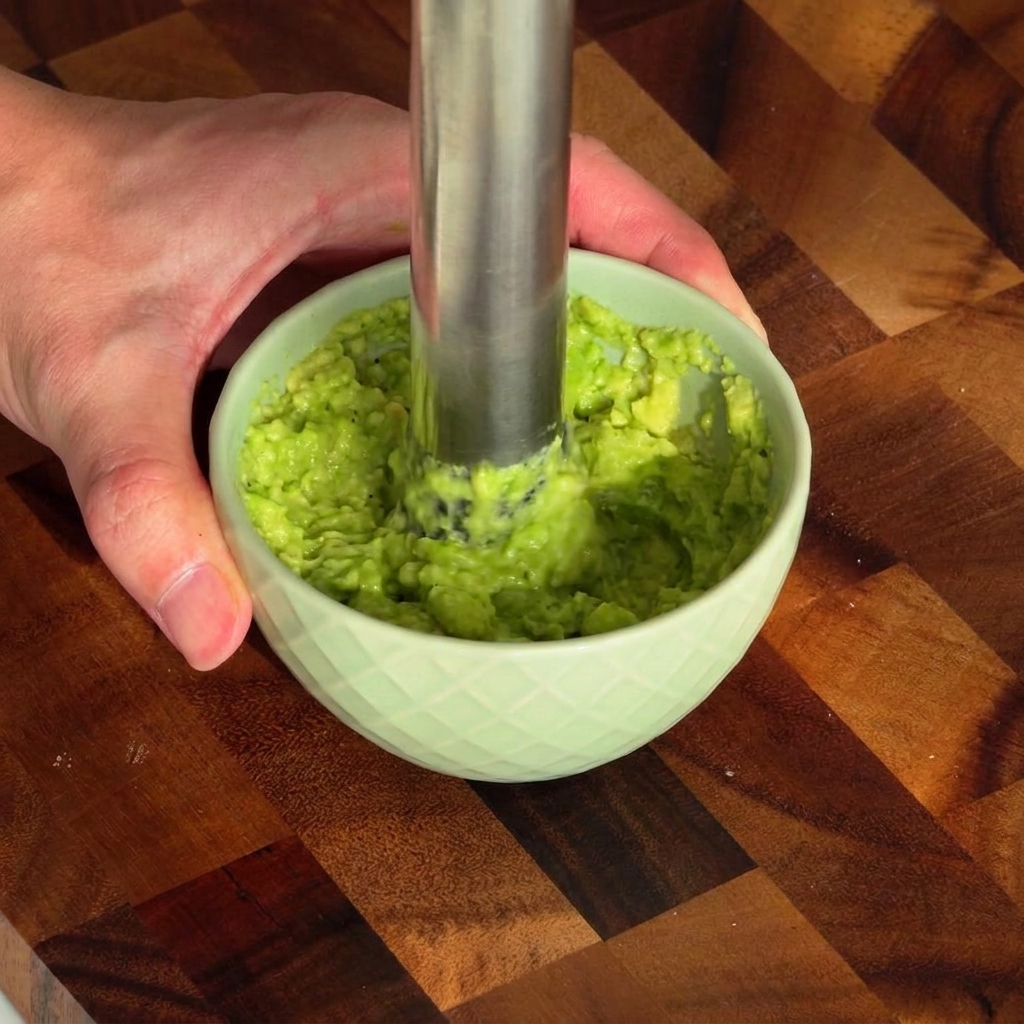 Gewürzte Avocado in einer kleinen Schüssel wird mit einem Metallstößel zerdrückt.