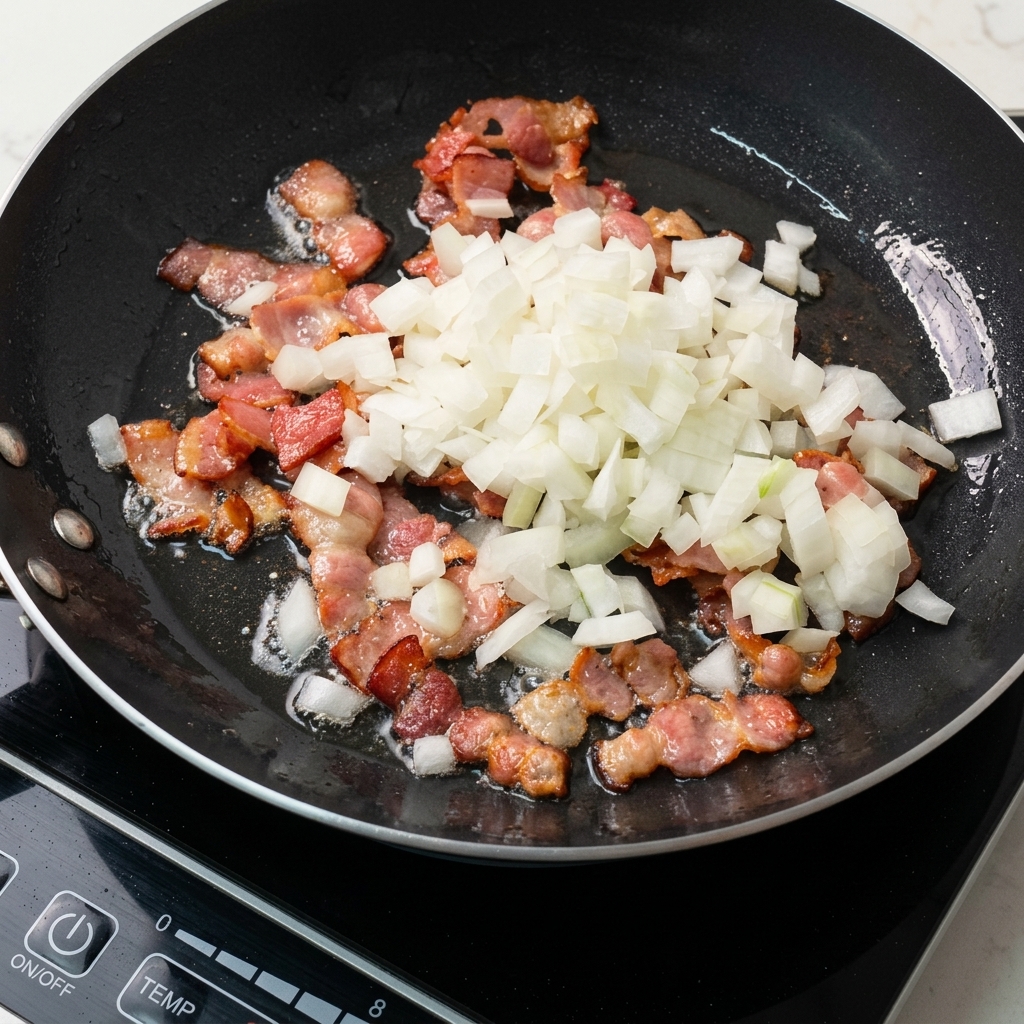 Fein gehackte weiße Zwiebeln werden auf dem braten Speck in einer heißen Pfanne verteilt.