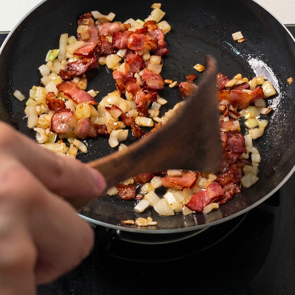 Ein Holzspatel schiebt eine Mischung aus gekochtem Bacon und Zwiebeln an den Rand, um hohle Kreisformen in der Pfanne zu bilden.