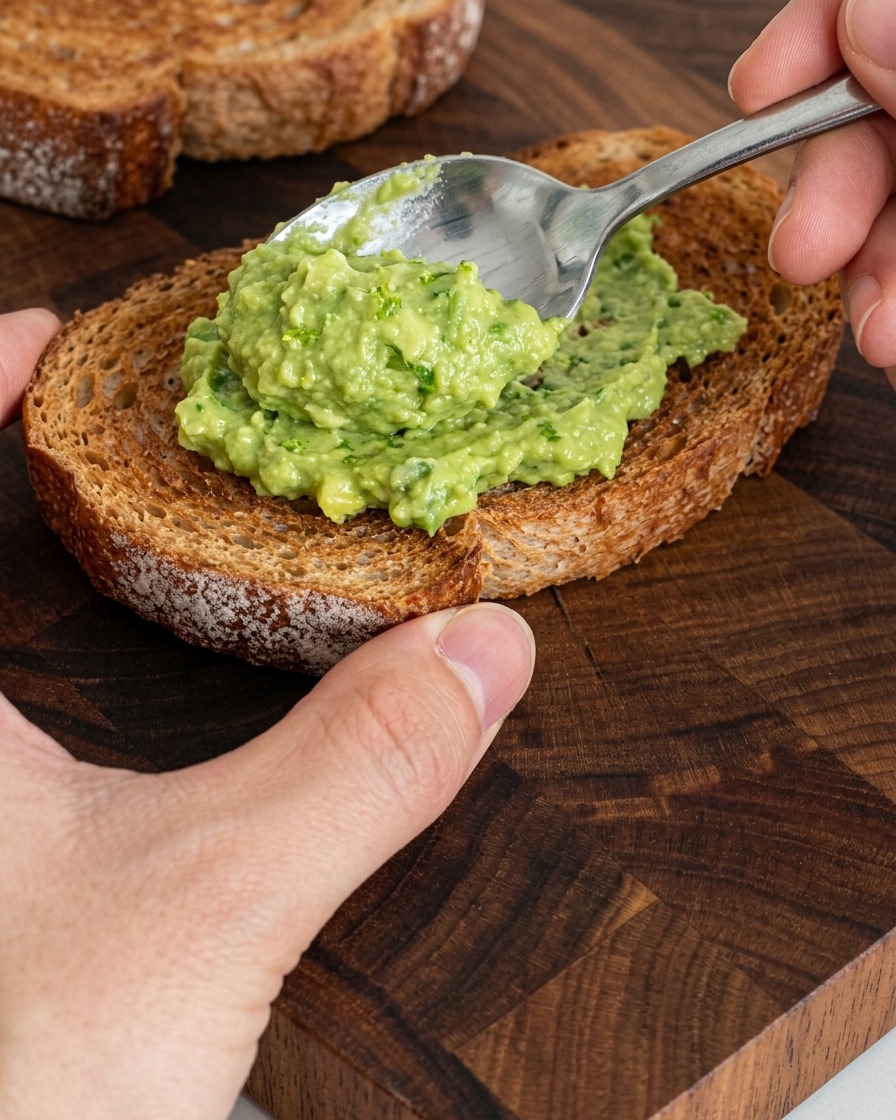 Ein silberner Löffel streicht grüne Avocado-Paste auf eine Scheibe knuspriges Toastbrot auf einem Holzbrett.