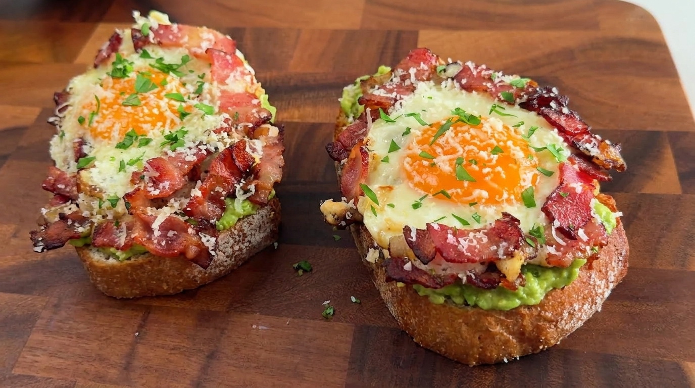 Zwei offene Avocado-Bacon-Spiegelei-Sandwiches auf einem warmen Holzschneidebrett, garniert mit geriebenem Parmesan.