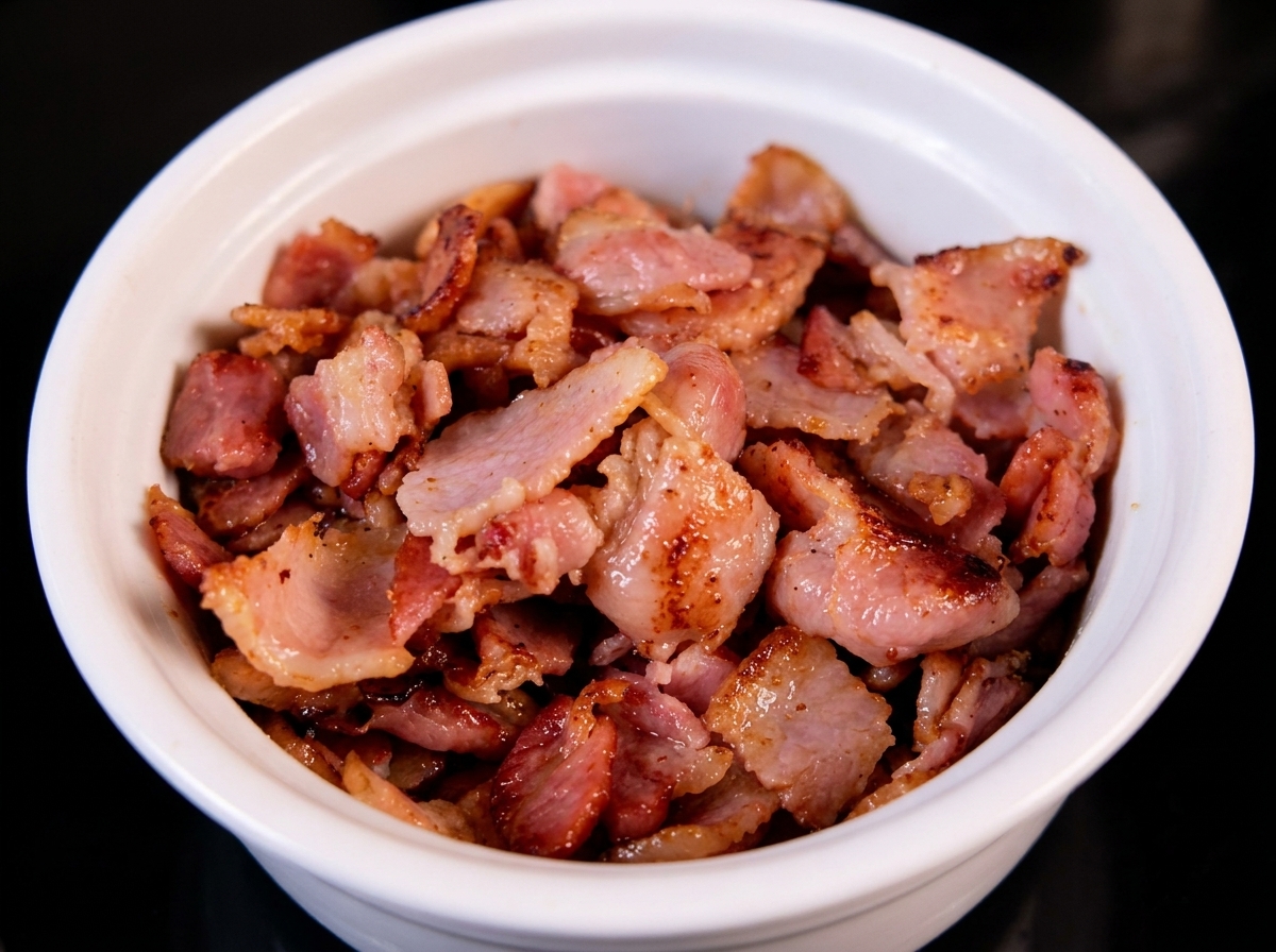 Eine Schüssel voller frisch gebratener, knuspriger Speckwürfel.
