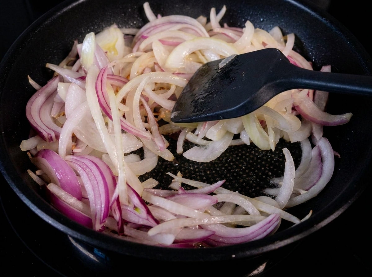 Dünn geschnittene weiße und rote Zwiebeln, die mit einem Pfannenwender in einer heißen Bratpfanne umgerührt werden.