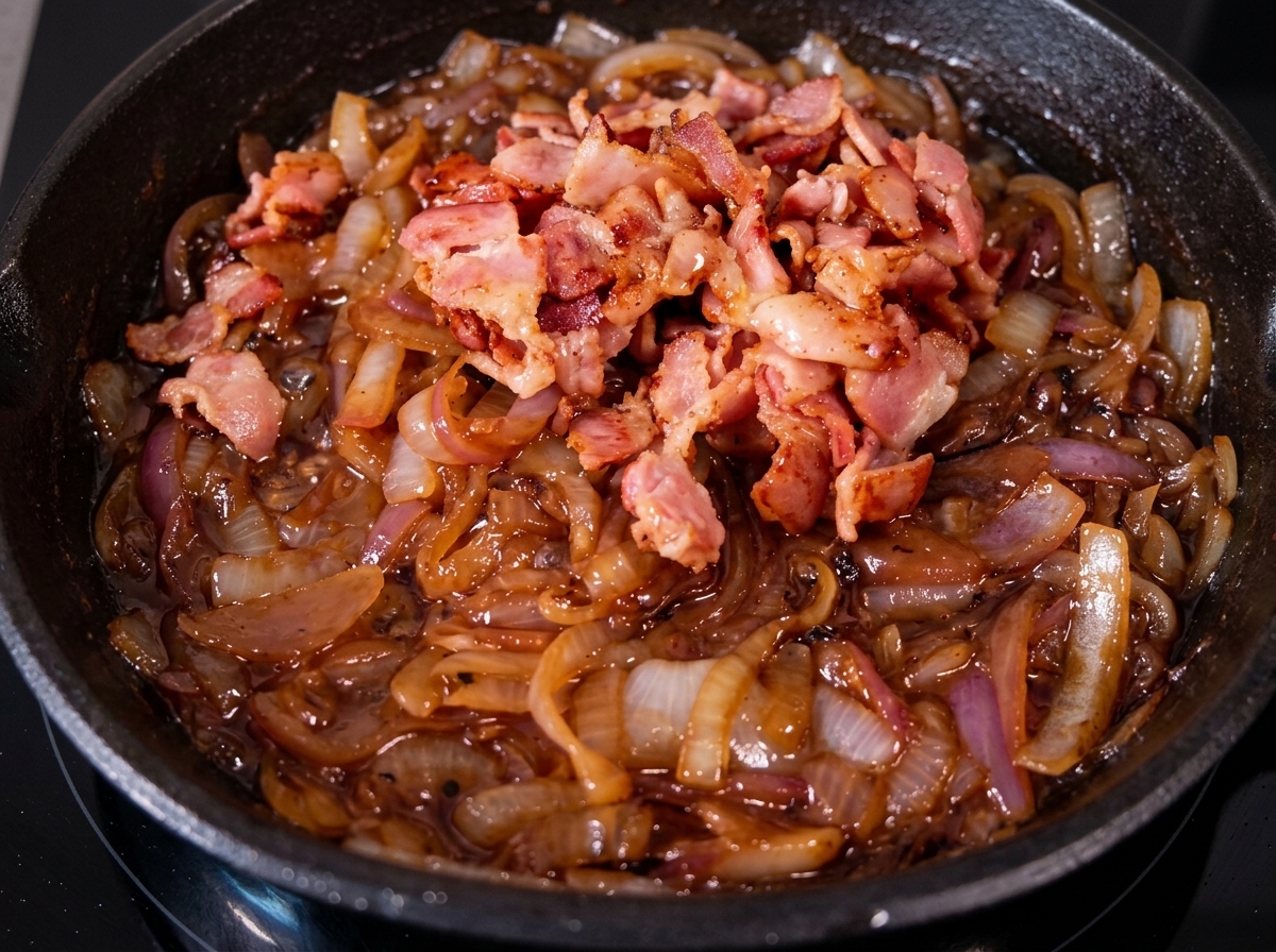 Knusprige Speckwürfel, die auf karamellisierten Zwiebeln in einer gusseisernen Pfanne gehäuft sind.